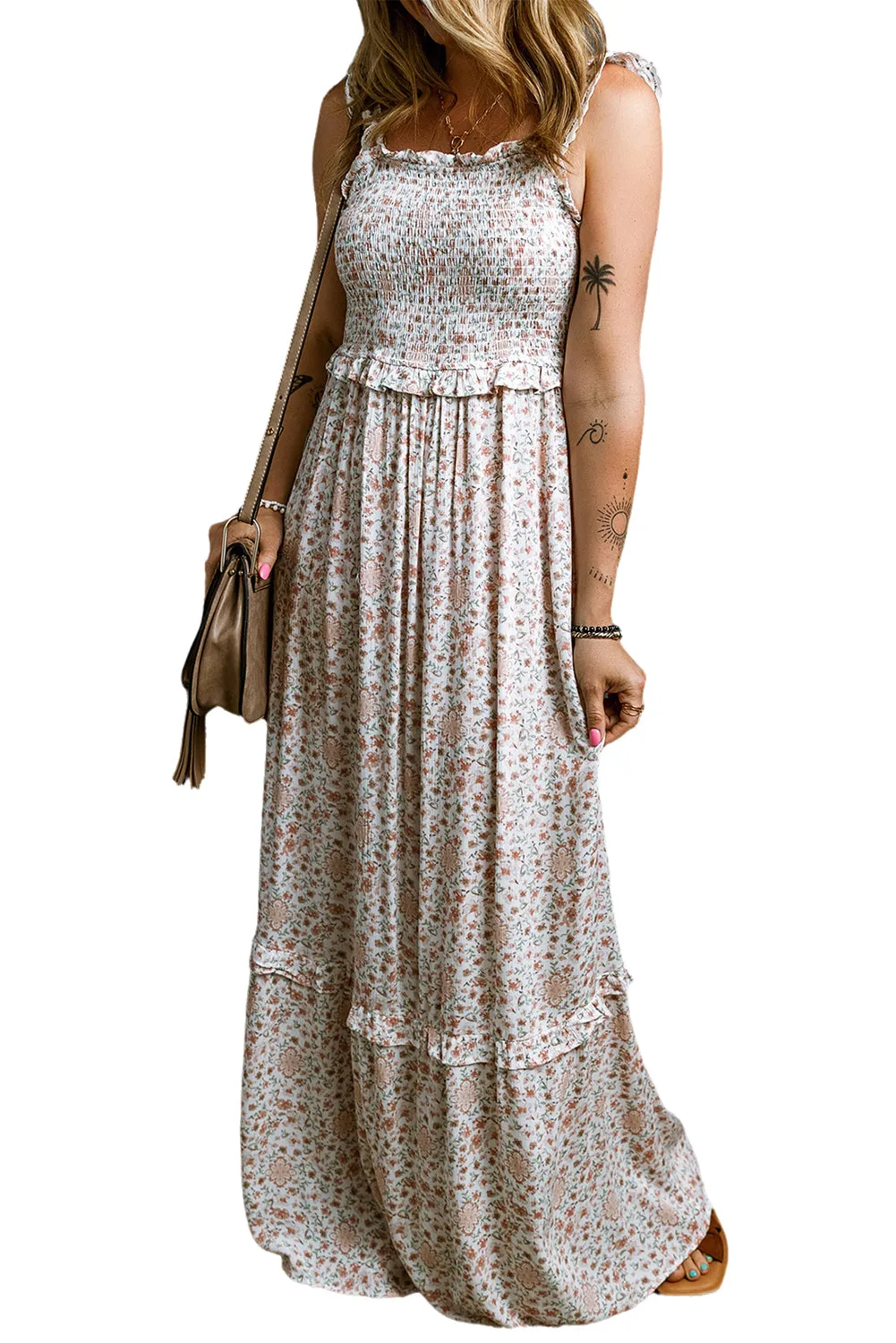 KaleaBoutique Lace Frilly Straps Shirred Floral Maxi Dress
