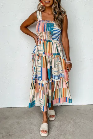 KaleaBoutique Mix Striped Wide Straps Smocked Tiered Maxi Dress