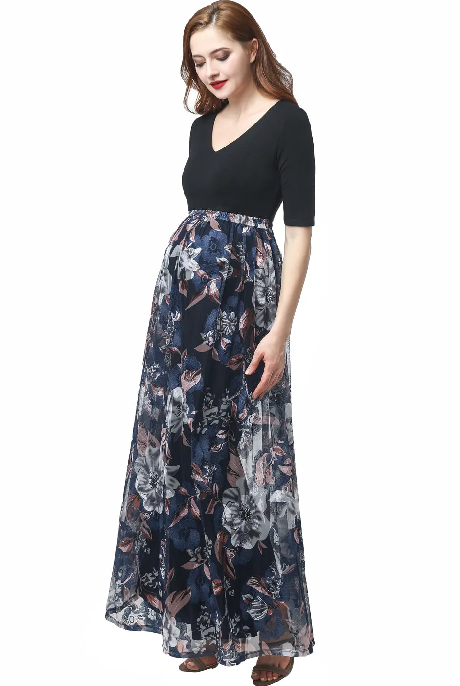 Kimi   Kai Maternity "Annabelle" V-Neck Mesh Print Maxi Dress