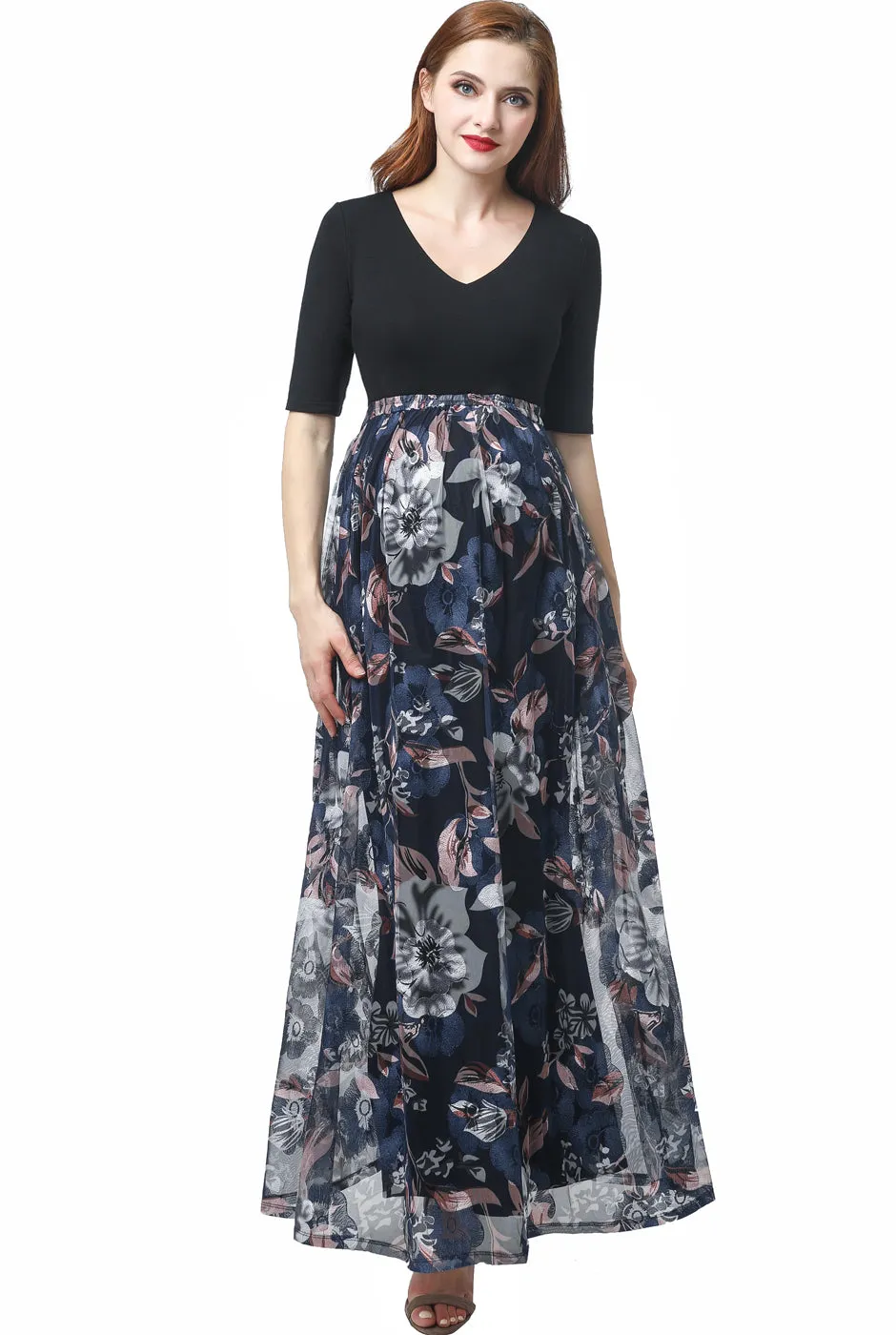 Kimi   Kai Maternity "Annabelle" V-Neck Mesh Print Maxi Dress