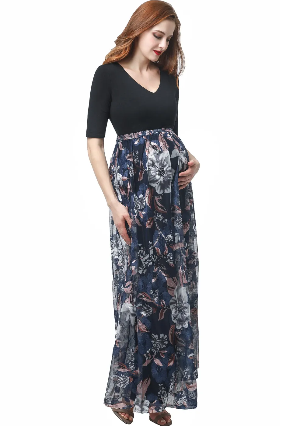 Kimi   Kai Maternity "Annabelle" V-Neck Mesh Print Maxi Dress