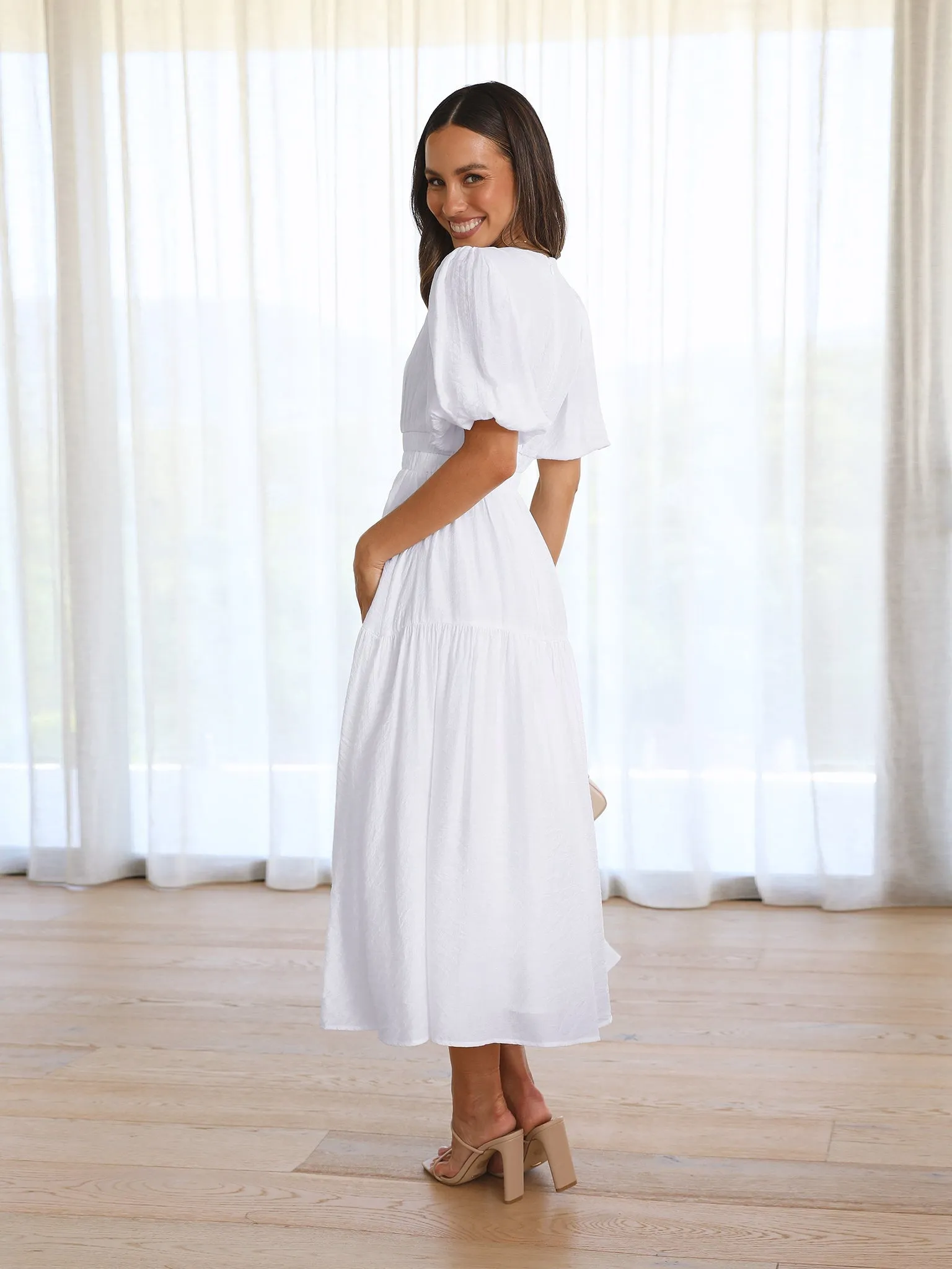 Kimona Smocked Short Sleeve Maxi Dress - White