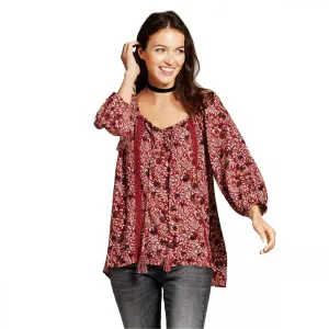 Knox Rose Women's Lace Trim Floral Blouse Red Small