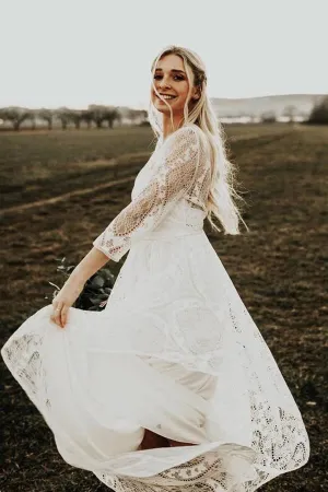 Lace A-line Backless Long Sleeves Rustic Wedding Dresses, Wedding Gowns, SW608