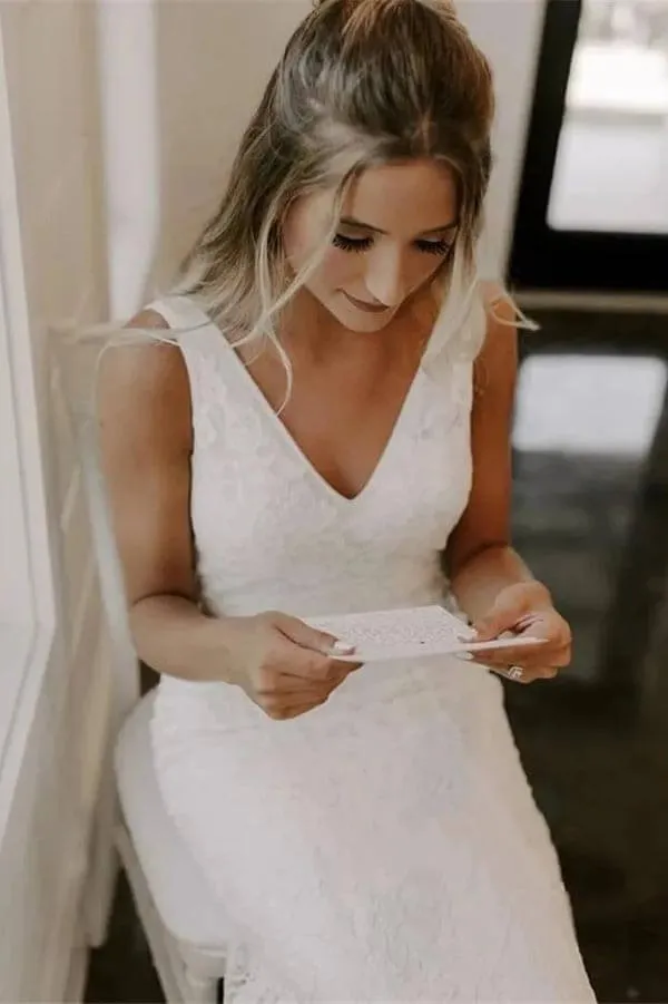 Lace Mermaid V-neck Sleeveless Wedding Dresses, Wedding Gown, SW648