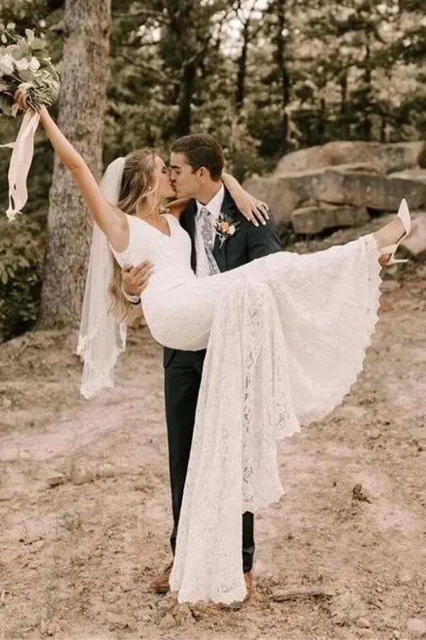Lace Mermaid V-neck Sleeveless Wedding Dresses, Wedding Gown, SW648