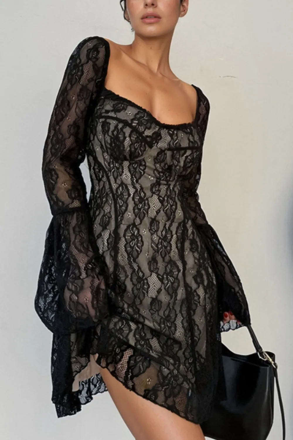 Lace Sweetheart Neck Flare Sleeve Mini Dress