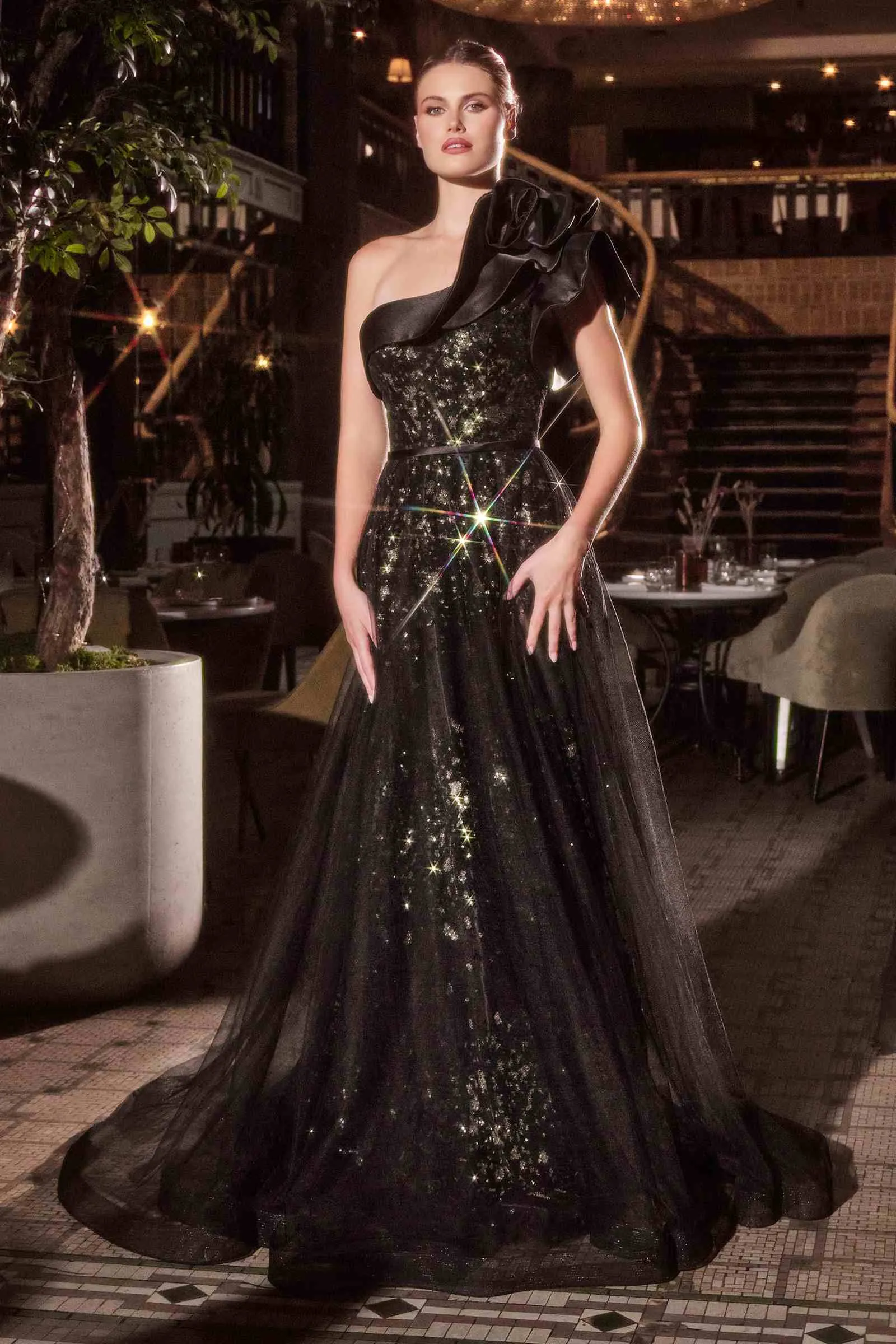 Ladivine CB157 Dress One Shoulder Black Ball Gown