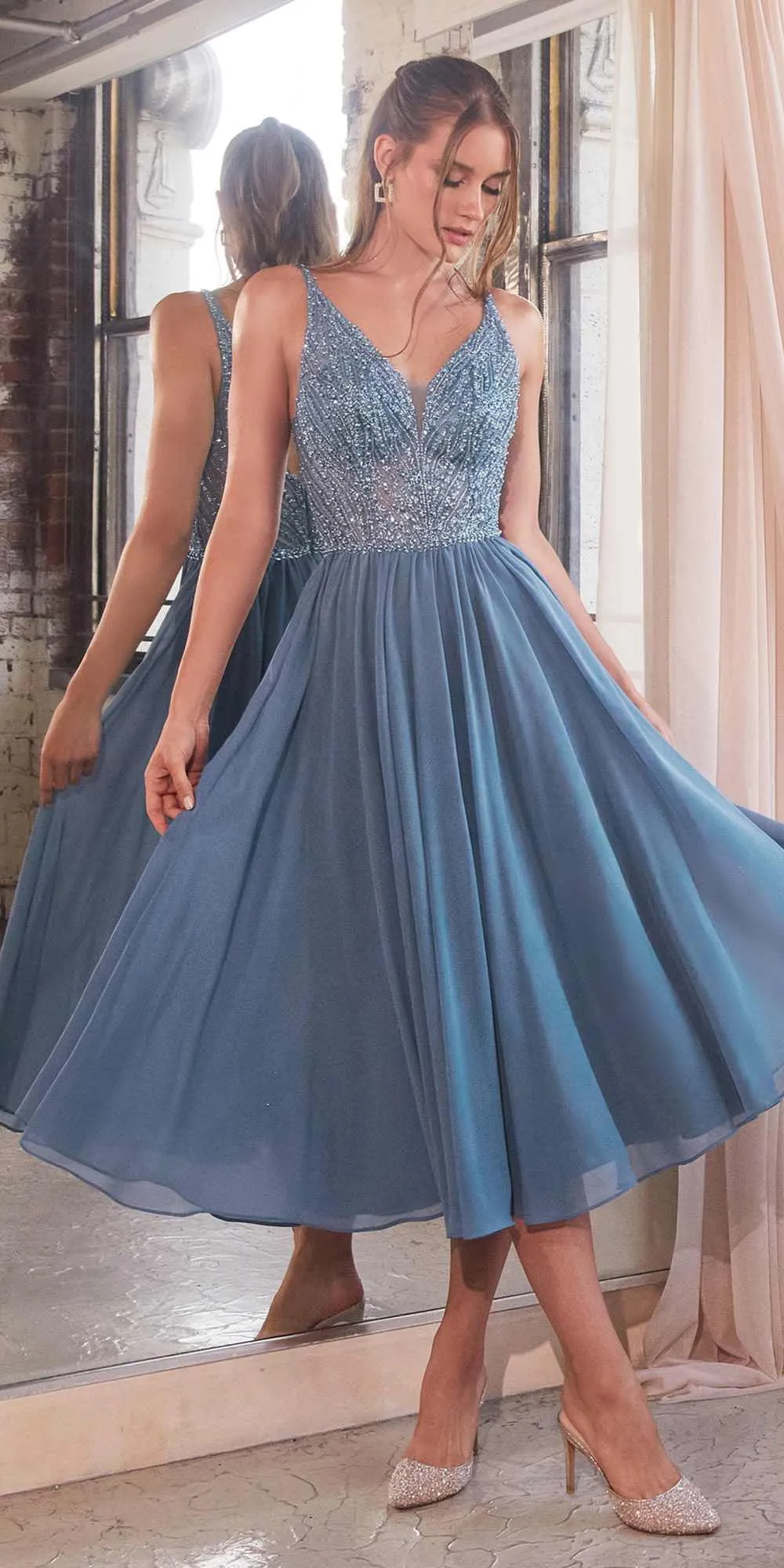 Ladivine CD0225 A-Line Layered Chiffon Tea Length V-Neck Dress