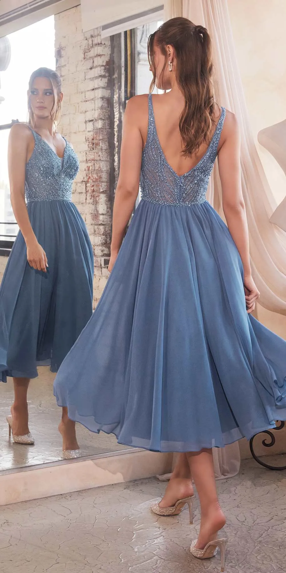 Ladivine CD0225 A-Line Layered Chiffon Tea Length V-Neck Dress