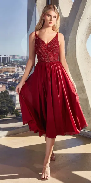 Ladivine CD0225 A-Line Layered Chiffon Tea Length V-Neck Dress