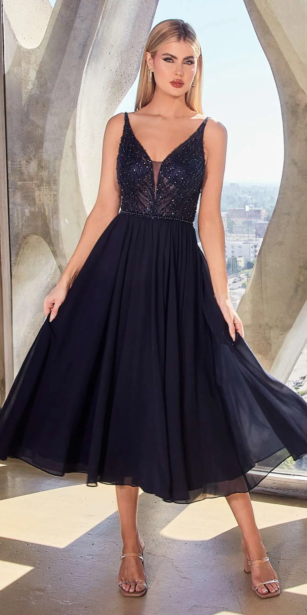 Ladivine CD0225 A-Line Layered Chiffon Tea Length V-Neck Dress