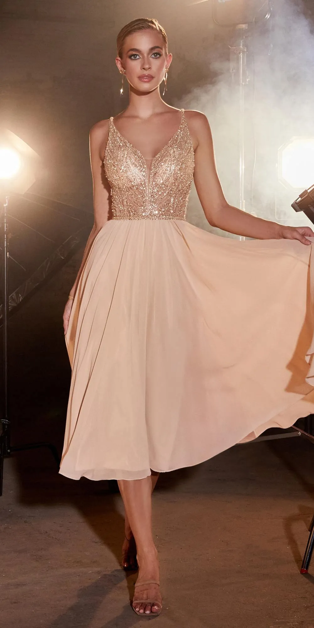 Ladivine CD0225 A-Line Layered Chiffon Tea Length V-Neck Dress