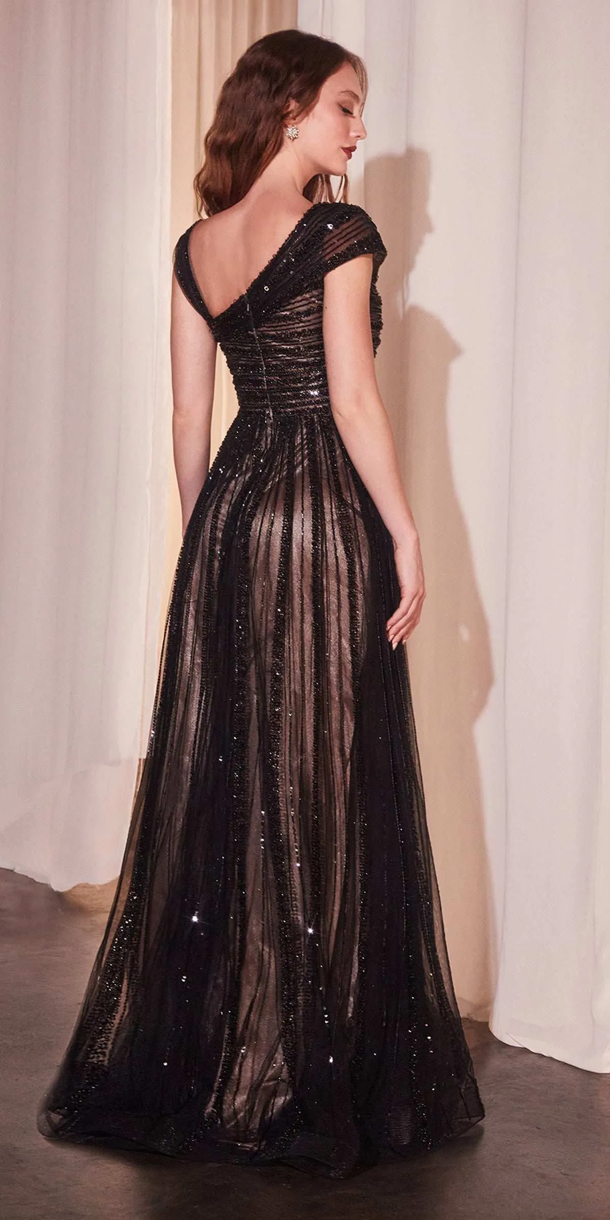 Ladivine CD0238 Asymmetrical Off The Shoulder A-Line Beaded Gown