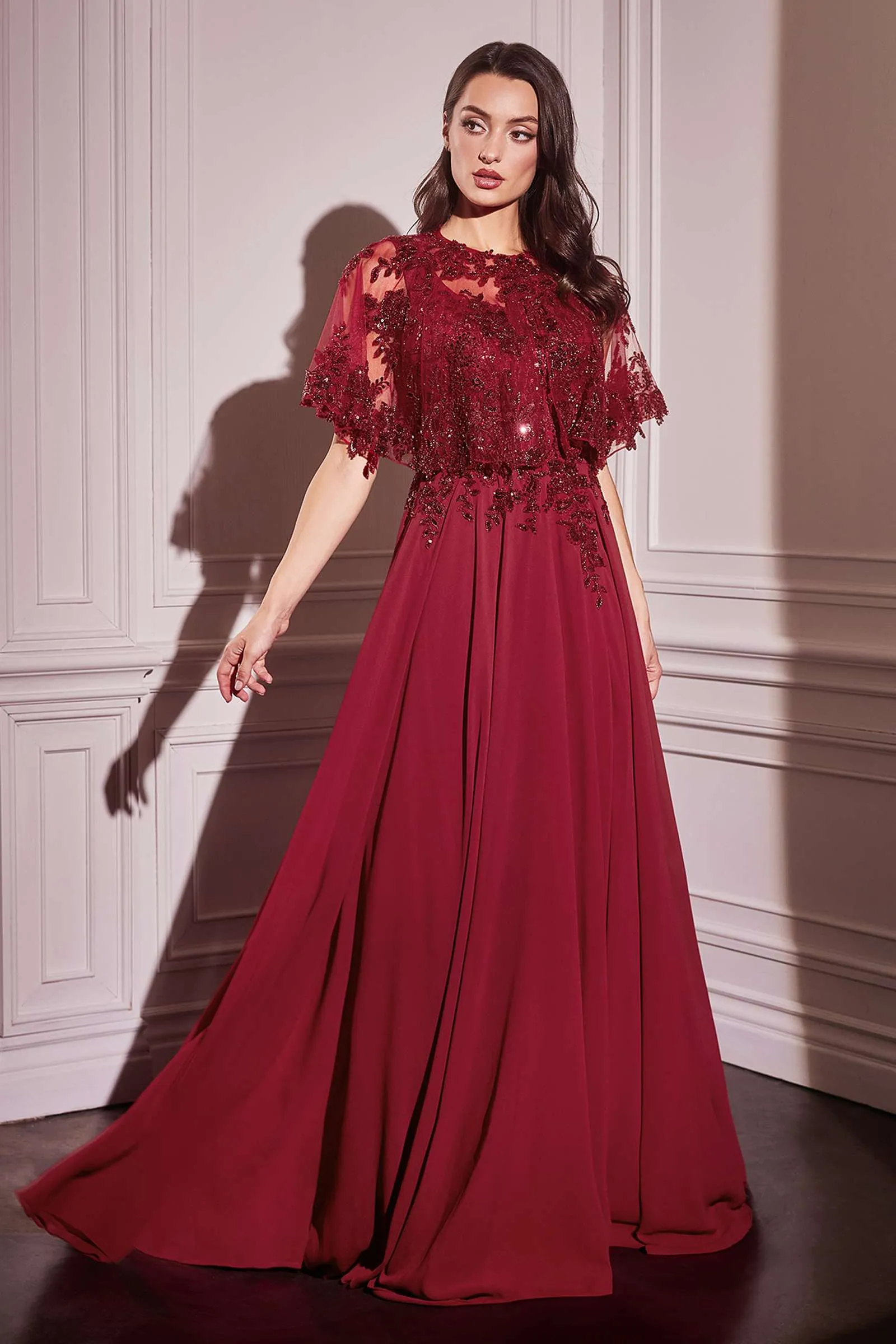 Ladivine CDS503 Dress Chiffon A-Line Beaded Lace Bodice Removable Cape