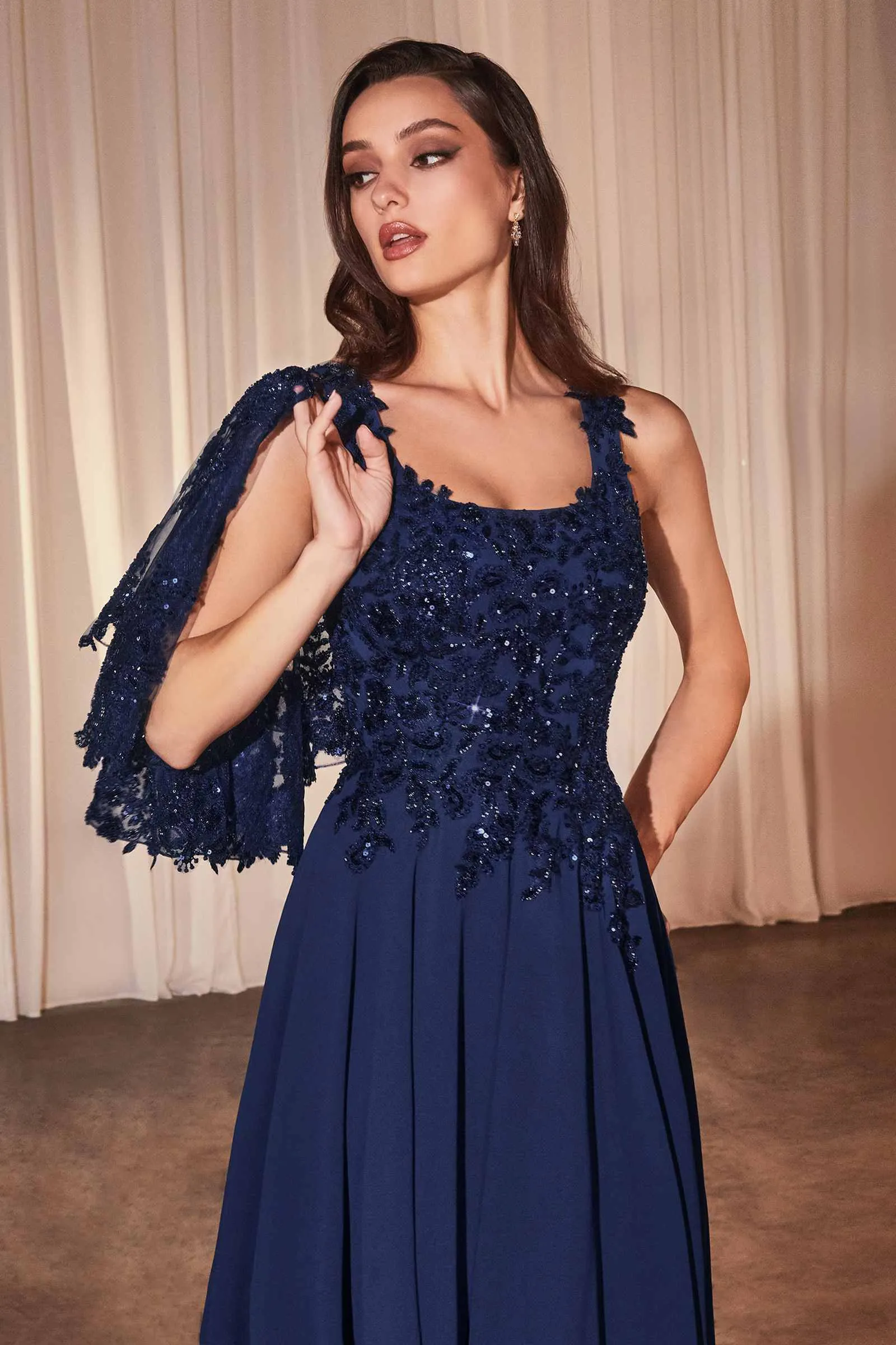Ladivine CDS503 Dress Chiffon A-Line Beaded Lace Bodice Removable Cape