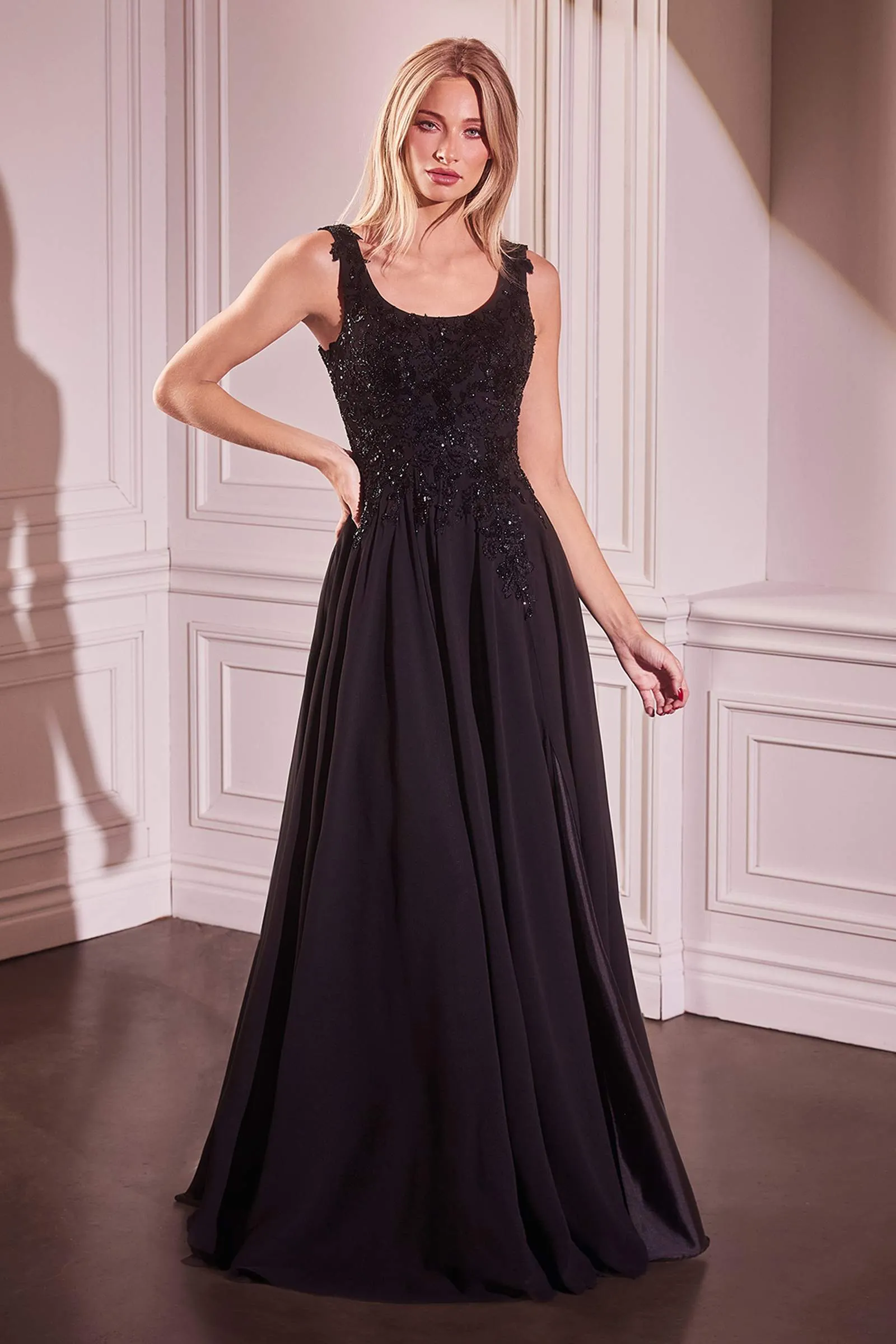 Ladivine CDS503 Dress Chiffon A-Line Beaded Lace Bodice Removable Cape