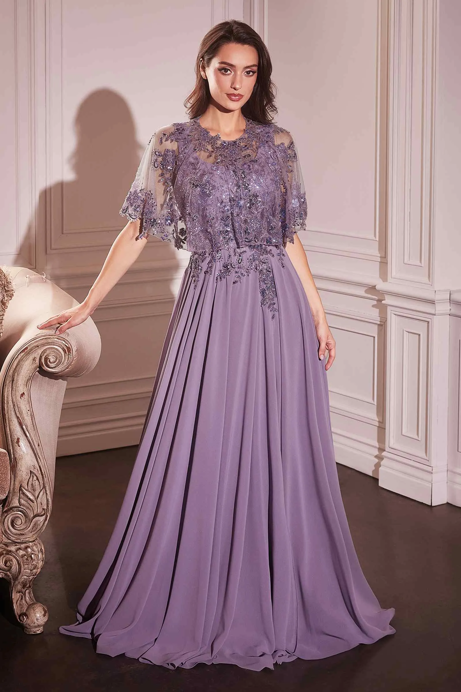 Ladivine CDS503 Dress Chiffon A-Line Beaded Lace Bodice Removable Cape