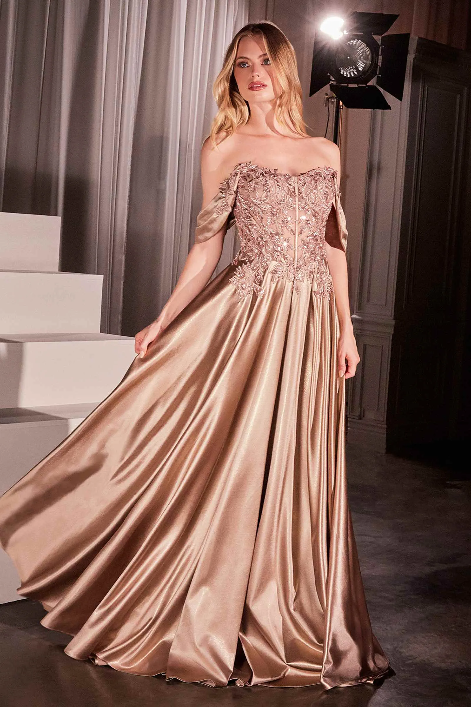 Ladivine CDS525 Dress Off The Shoulder Lace & Satin A-Line Prom Gown