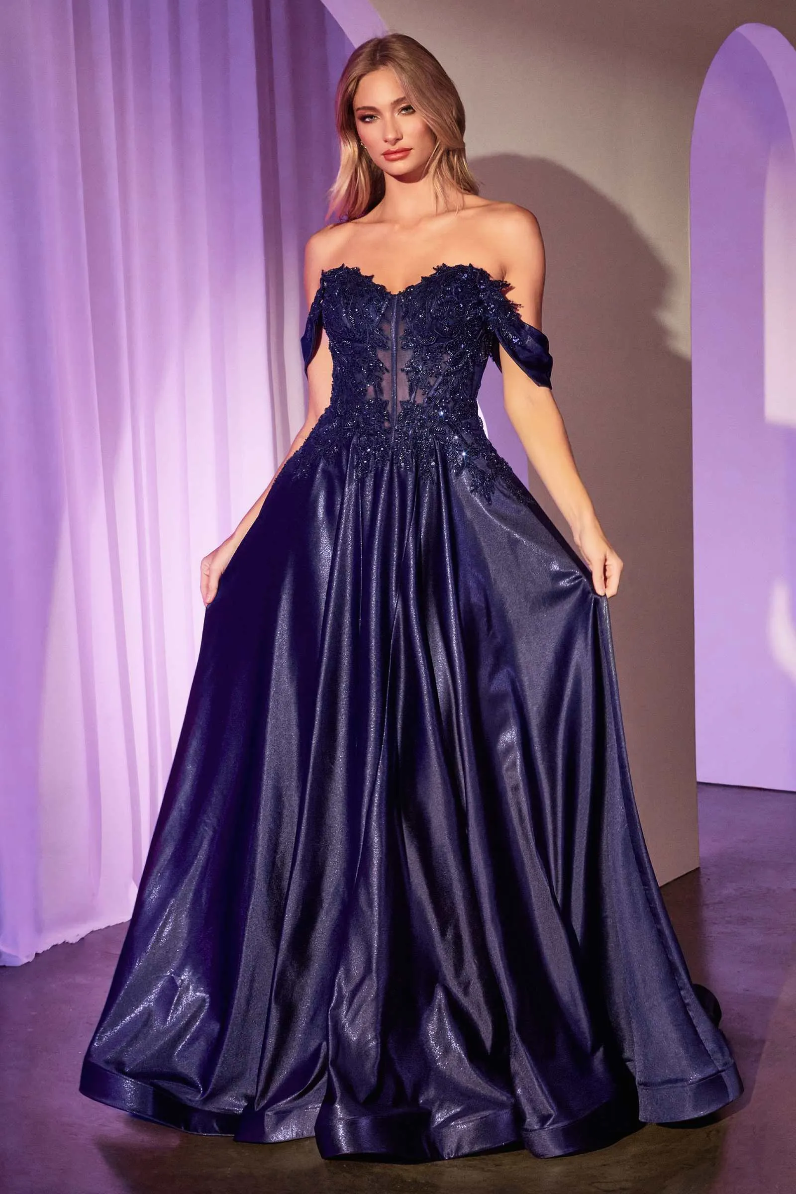 Ladivine CDS525 Dress Off The Shoulder Lace & Satin A-Line Prom Gown
