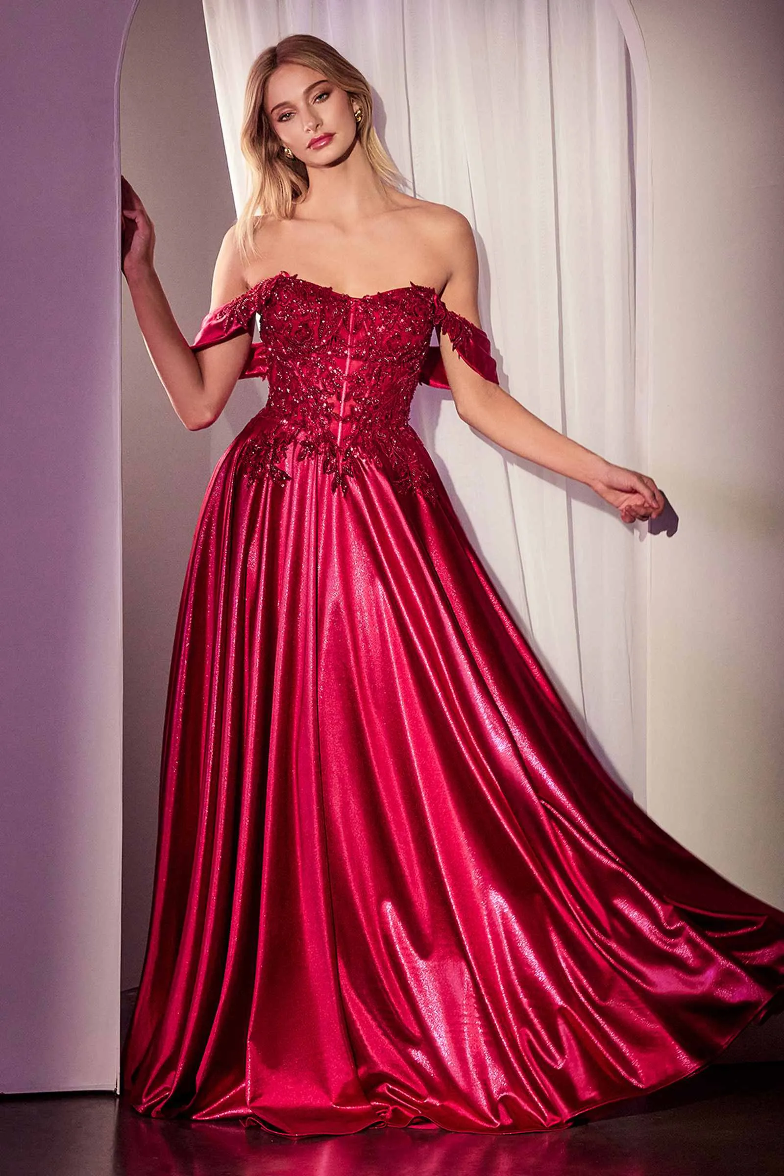 Ladivine CDS525 Dress Off The Shoulder Lace & Satin A-Line Prom Gown
