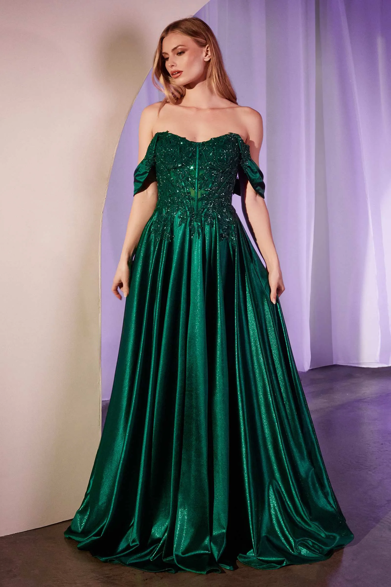 Ladivine CDS525 Dress Off The Shoulder Lace & Satin A-Line Prom Gown