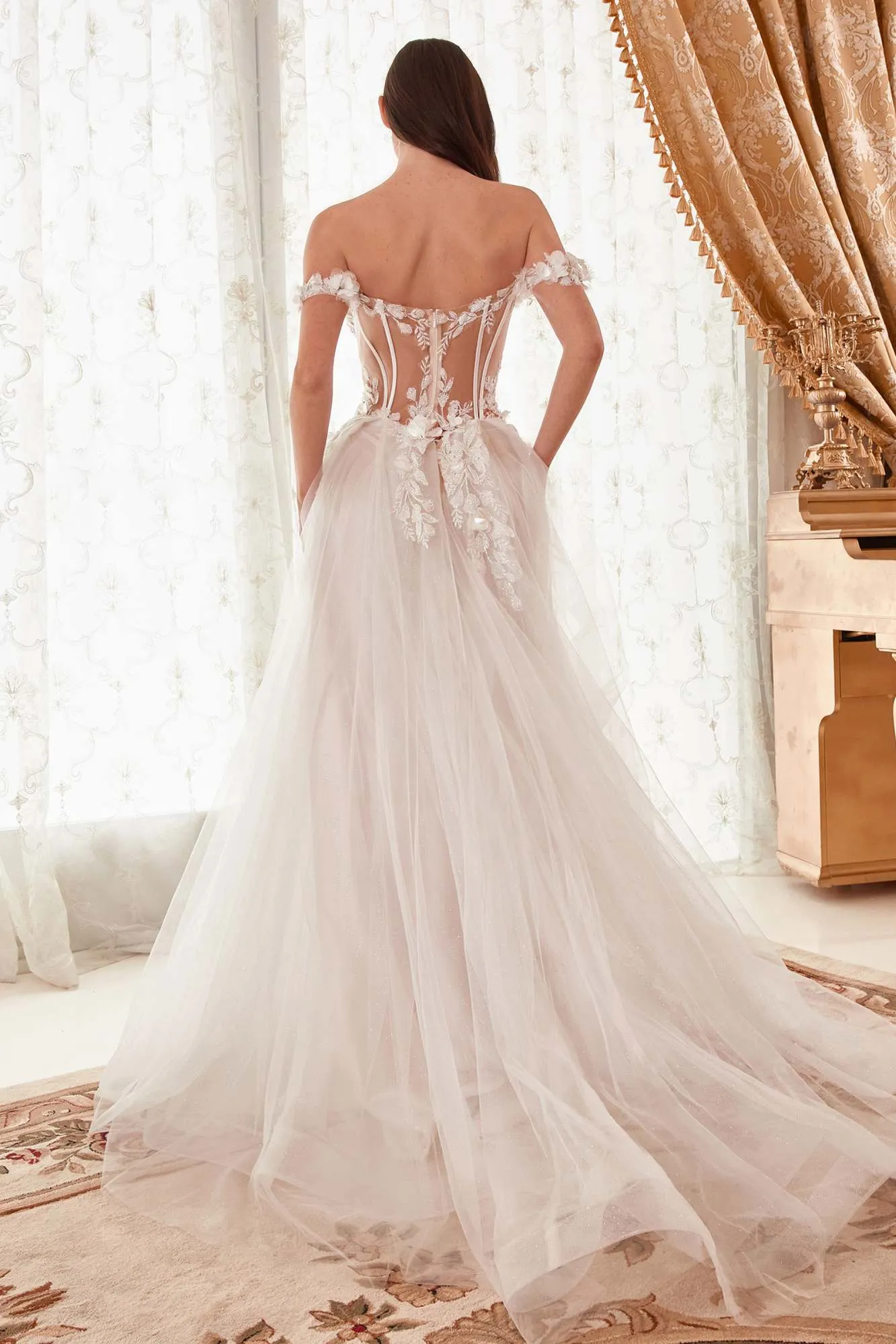 Ladivine WN308 Off The Shoulder Floral A-Line Bridal Gown Corset Bodice