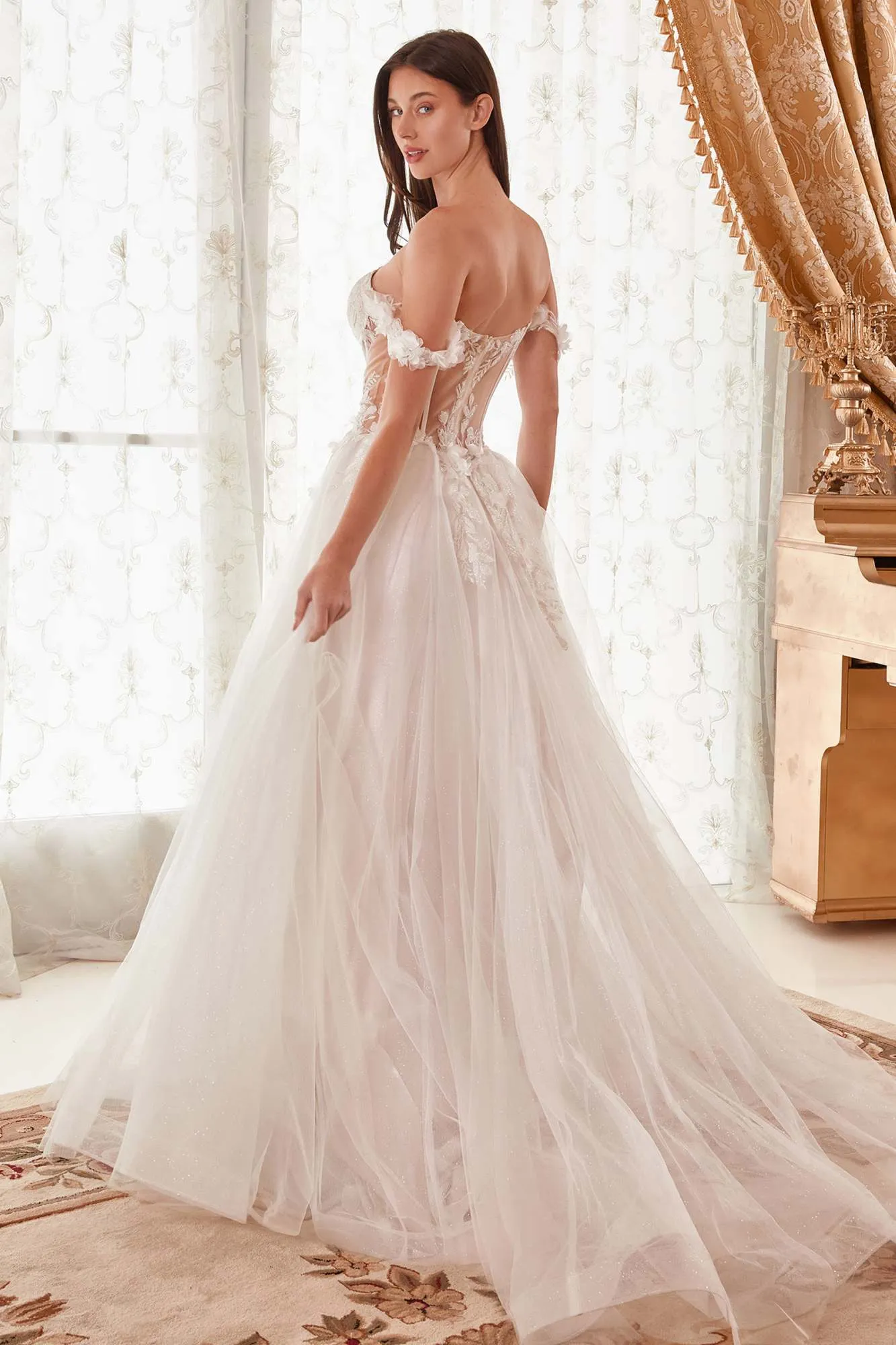 Ladivine WN308 Off The Shoulder Floral A-Line Bridal Gown Corset Bodice