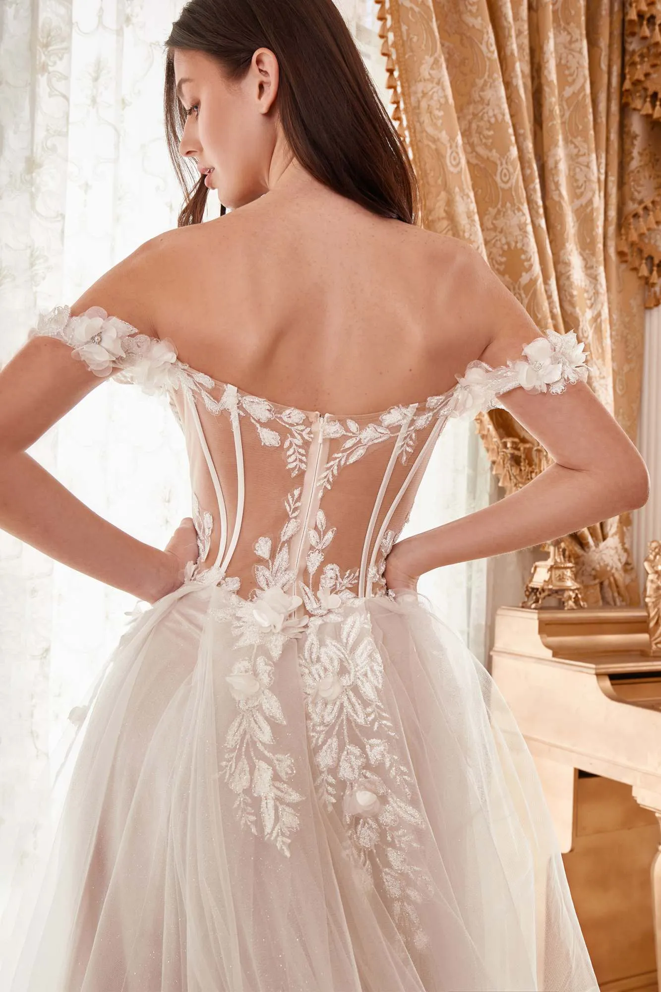 Ladivine WN308 Off The Shoulder Floral A-Line Bridal Gown Corset Bodice
