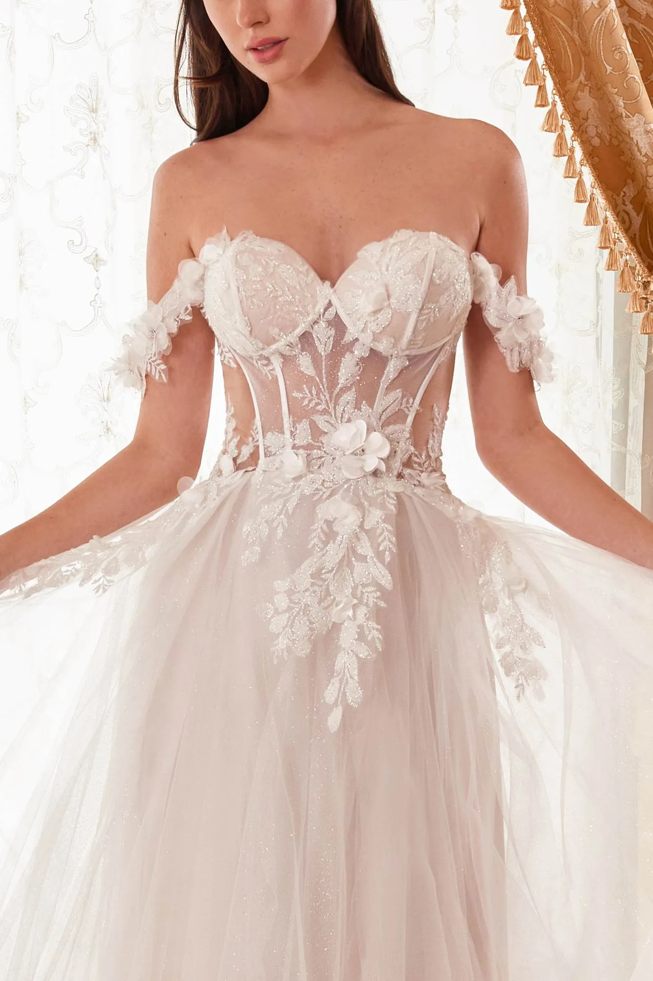 Ladivine WN308 Off The Shoulder Floral A-Line Bridal Gown Corset Bodice