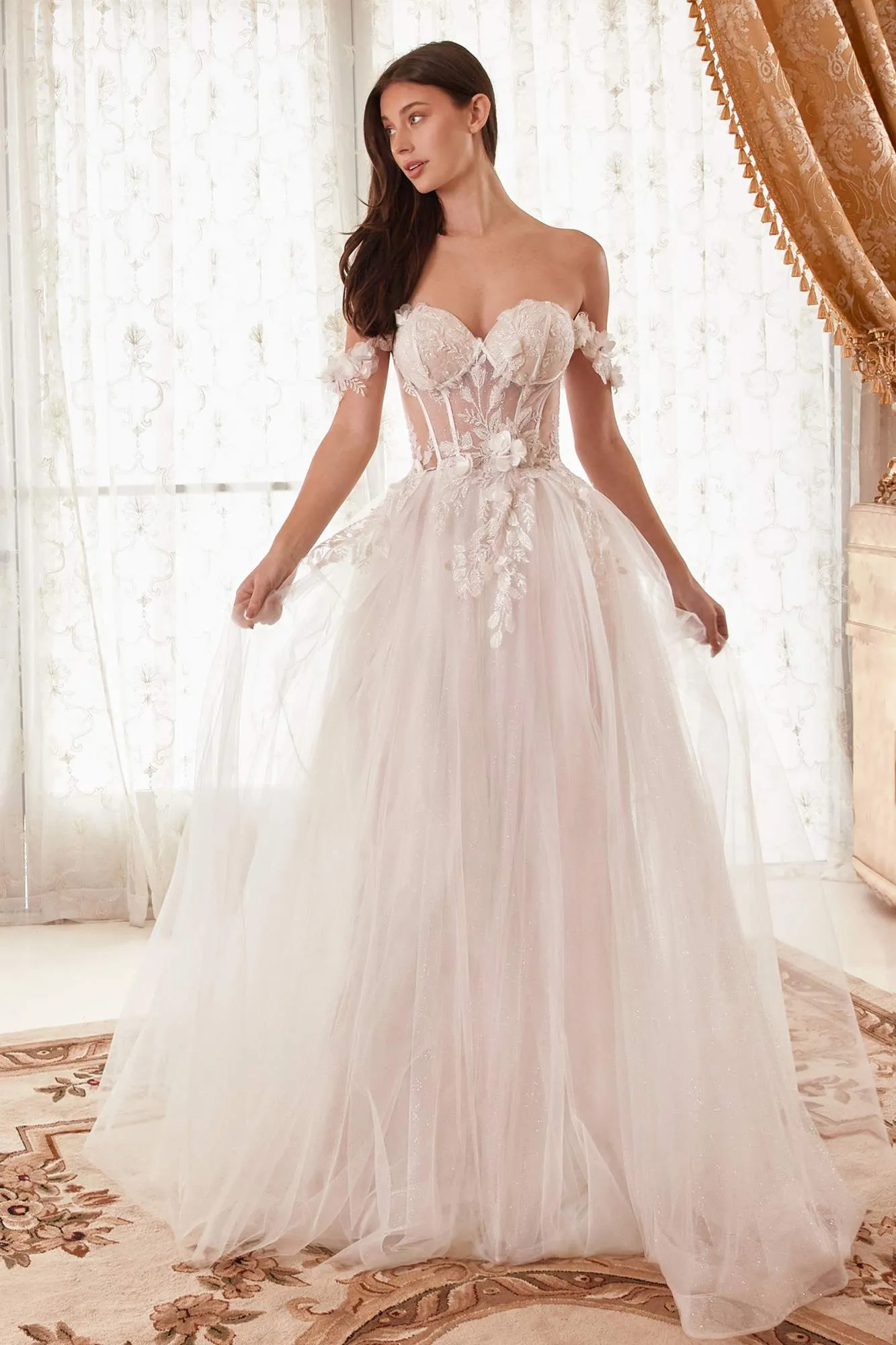 Ladivine WN308 Off The Shoulder Floral A-Line Bridal Gown Corset Bodice