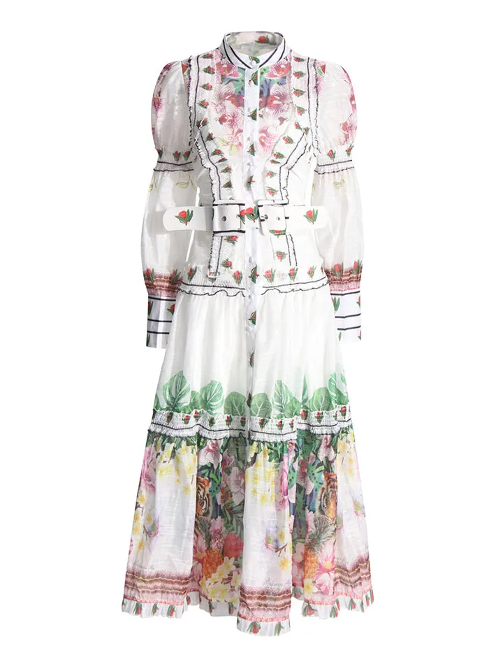 Lady Lined Lantern Sleeve Court Style Printed Dress
