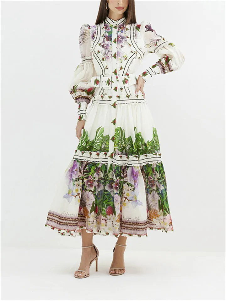 Lady Lined Lantern Sleeve Court Style Printed Dress