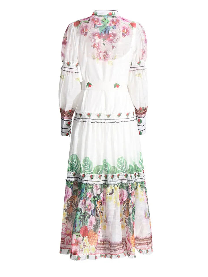 Lady Lined Lantern Sleeve Court Style Printed Dress