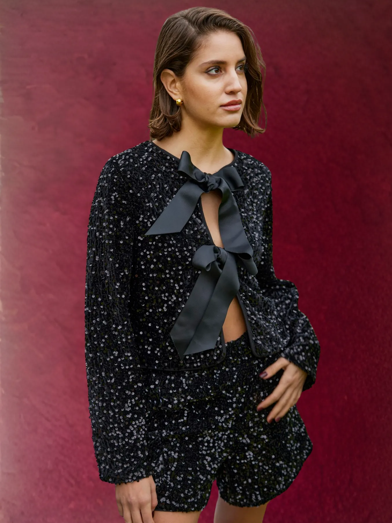 Lanika Black Bow Tie Front Sequin Jacket