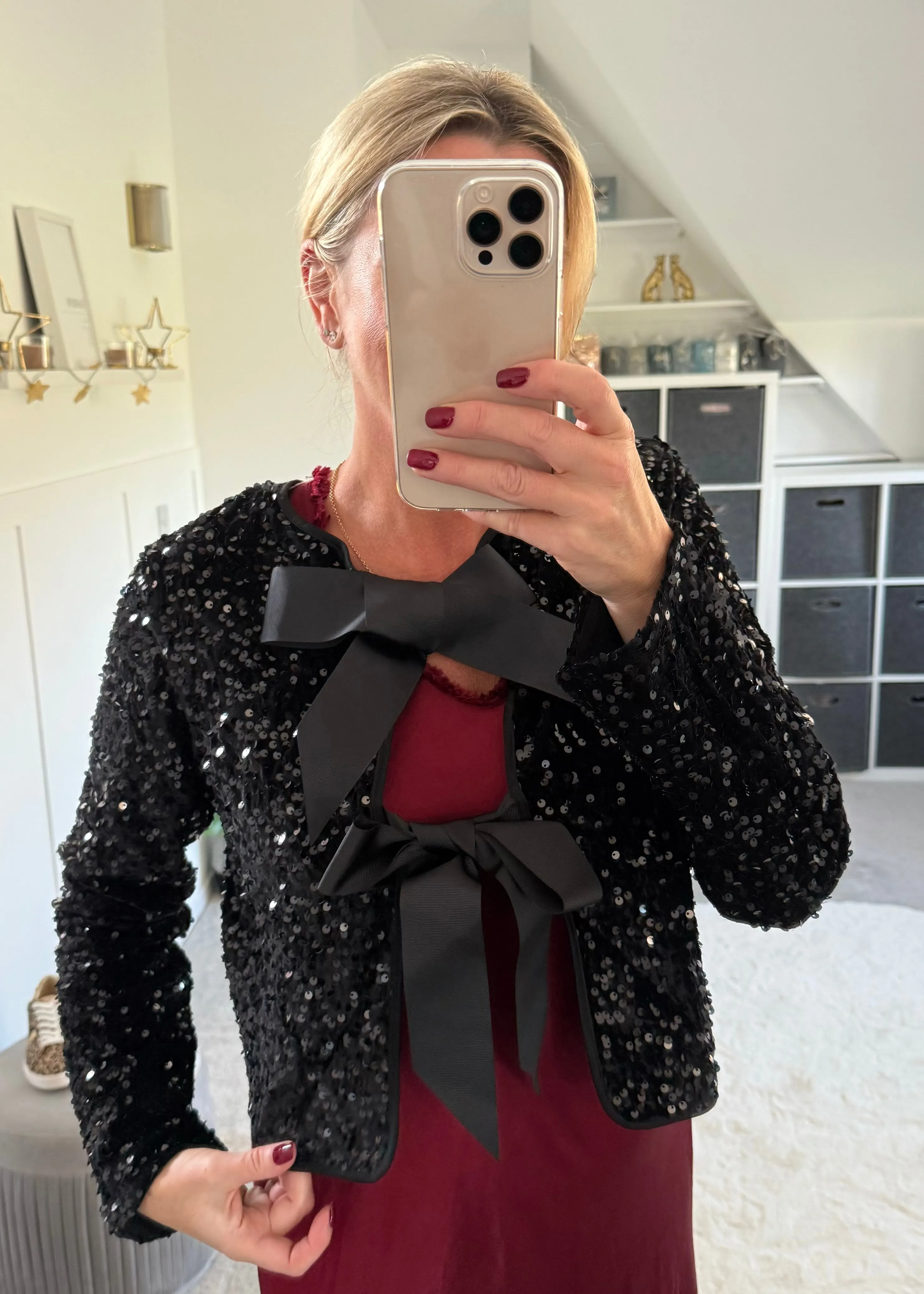 Lanika Black Bow Tie Front Sequin Jacket