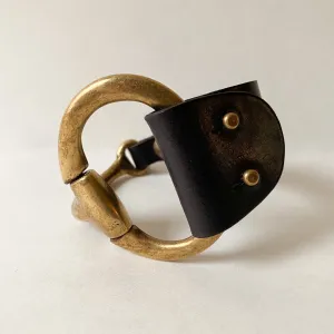Large Antique Brass Snaffle Bit Bracelet with Black Leather Cuff