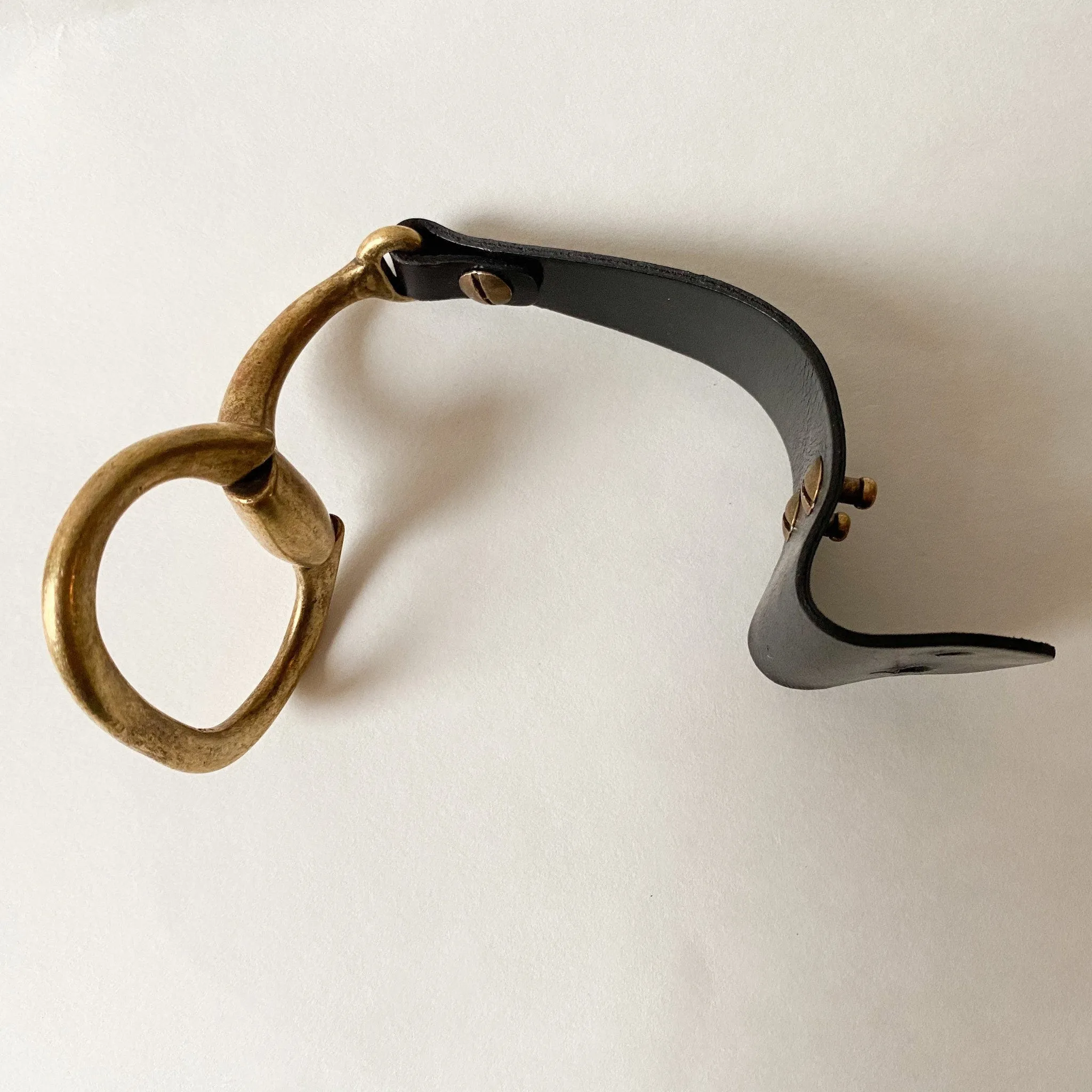 Large Antique Brass Snaffle Bit Bracelet with Black Leather Cuff
