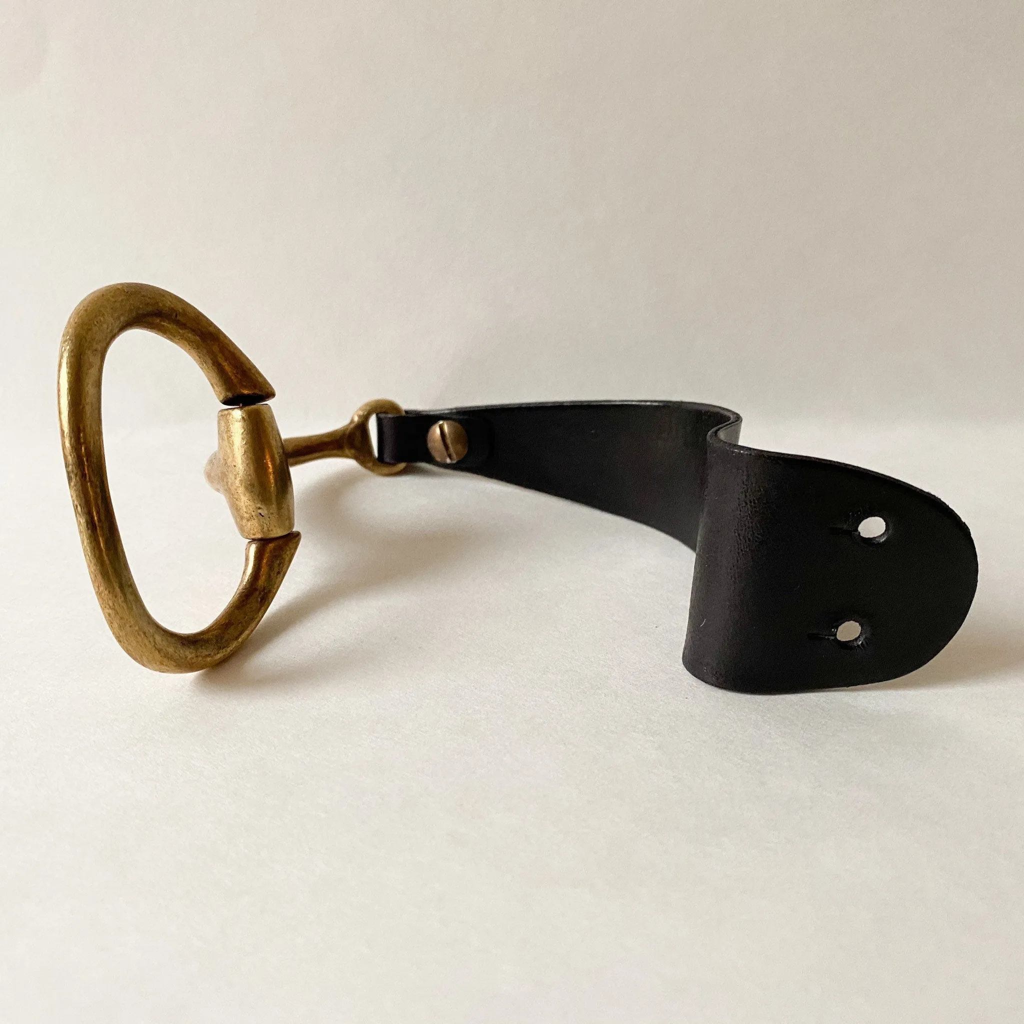 Large Antique Brass Snaffle Bit Bracelet with Black Leather Cuff