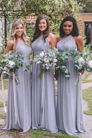 Lavender Chiffon Open Back One-Shoulder Long Bridesmaid Dresses, MBD163