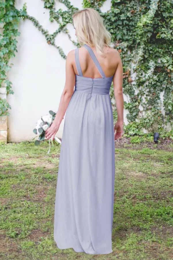 Lavender Chiffon Open Back One-Shoulder Long Bridesmaid Dresses, MBD163