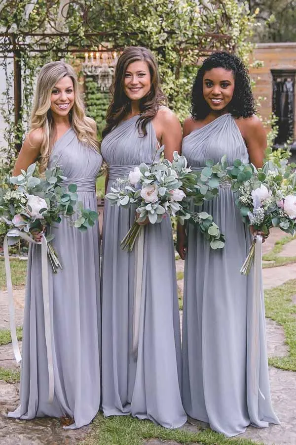 Lavender Chiffon Open Back One-Shoulder Long Bridesmaid Dresses, MBD163