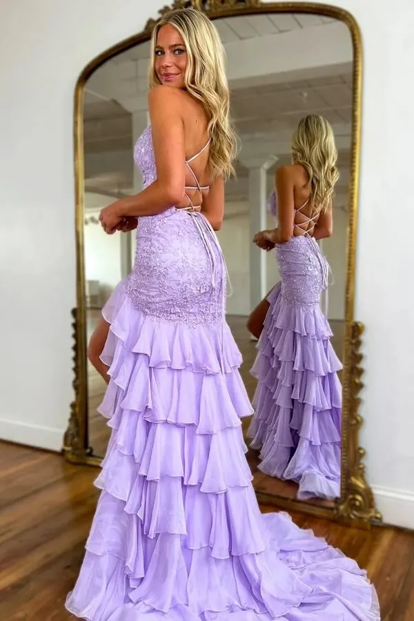 Lavender Tiered Chiffon Mermaid V Neck Prom Dresses With Appliques, SLP064