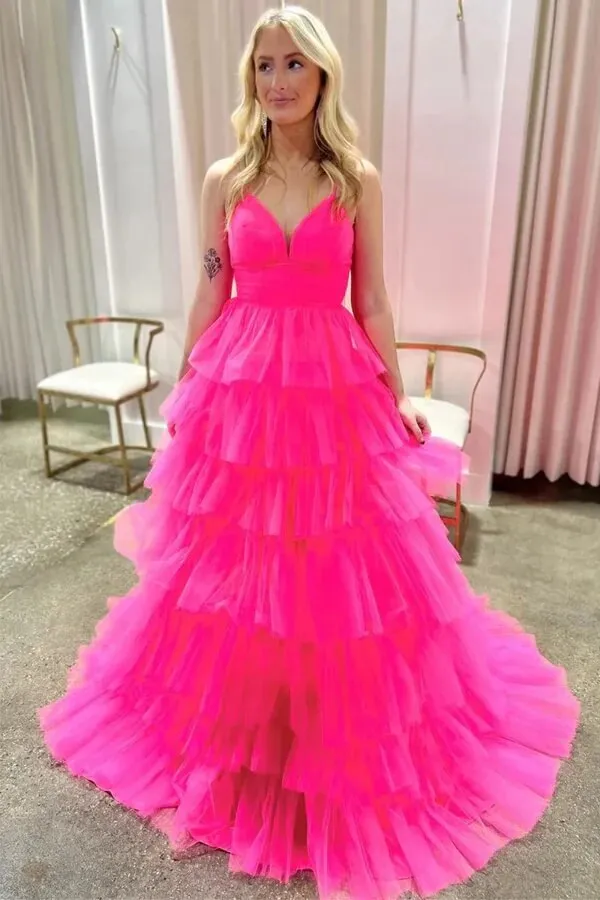 Lavender Tulle Tiered A-line V-neck Long Prom Dresses With Ruffles, MP1003