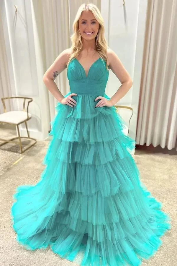 Lavender Tulle Tiered A-line V-neck Long Prom Dresses With Ruffles, MP1003