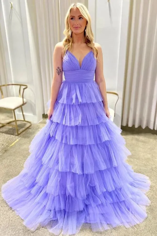Lavender Tulle Tiered A-line V-neck Long Prom Dresses With Ruffles, MP1003