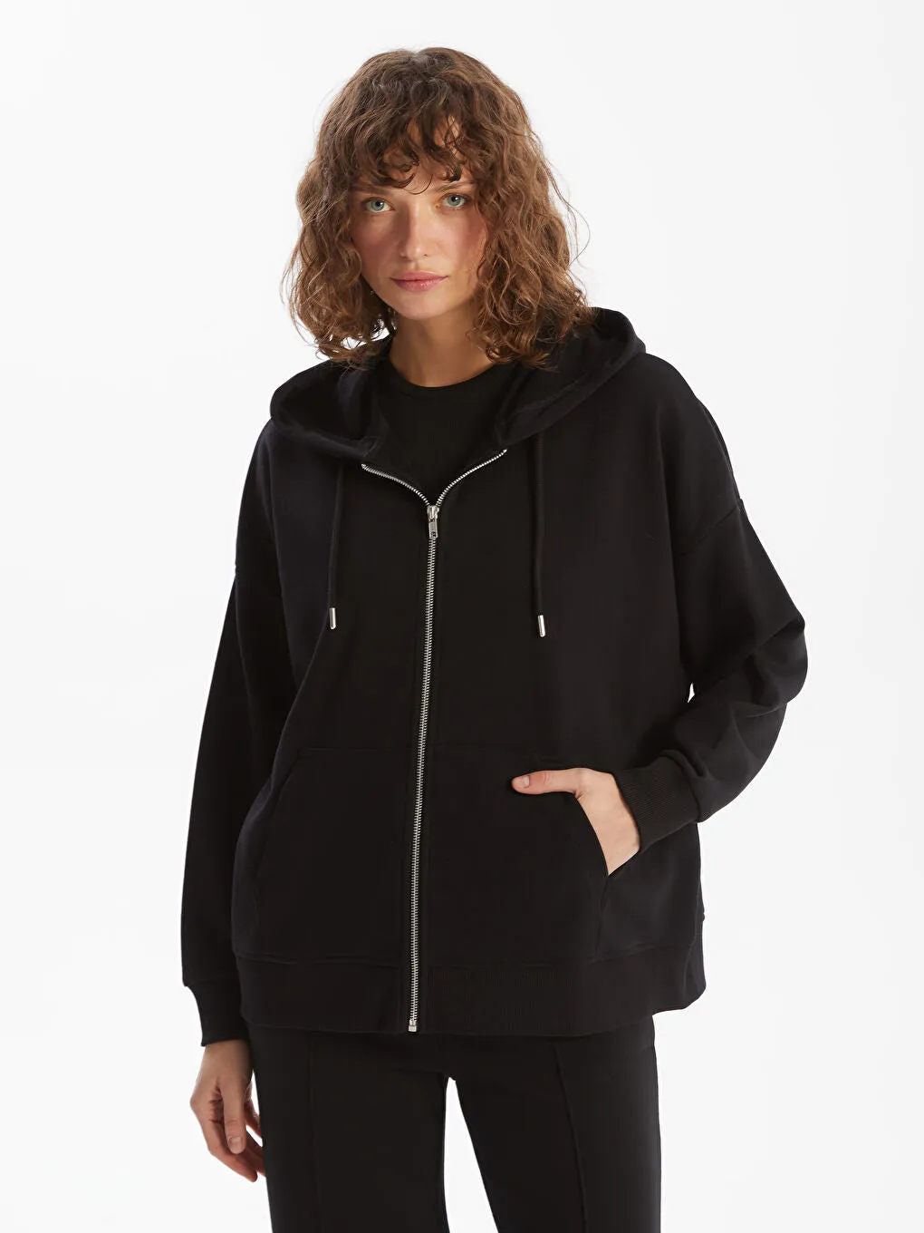 LCW Vision Brown Hooded Oversize Women Zippered Sweatshirt