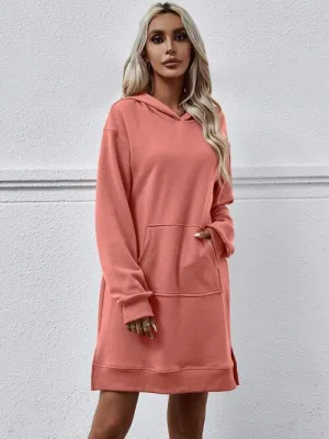 Leni Slit Long Sleeve Hooded Dress with Pocket