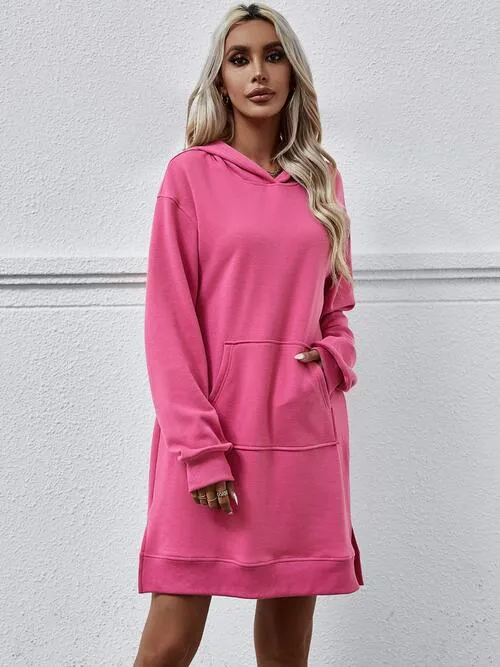 Leni Slit Long Sleeve Hooded Dress with Pocket