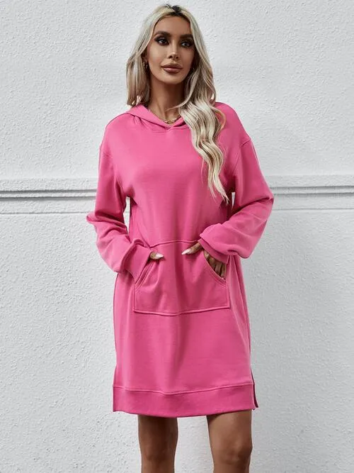 Leni Slit Long Sleeve Hooded Dress with Pocket